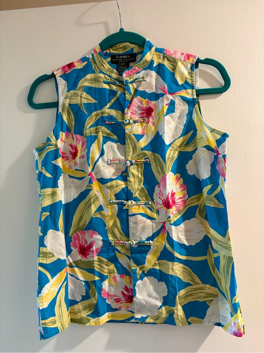 Ralph Lauren Turquoise Floral Mandarin Collar Sleeveless Tunic